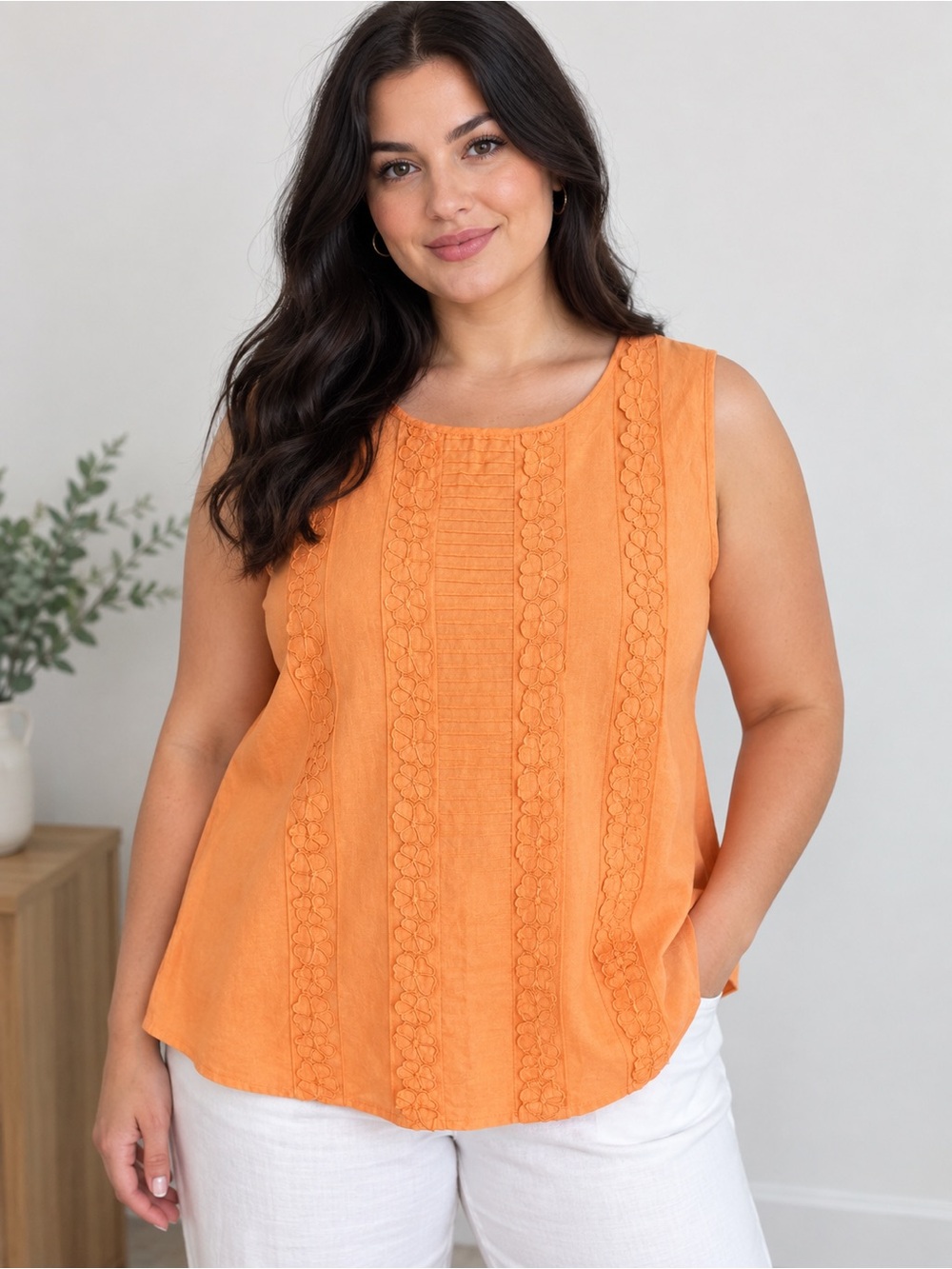 Halogen Silk 35% Sleeveless Orange Women’s Embroidered Shell Top L
